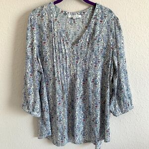 Rose & Olive Women's 1X Pastel Floral Pleated Button Blouse Cottagecore Office